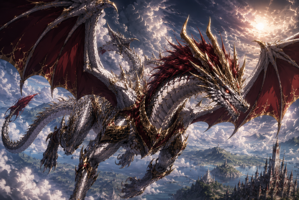 Silver dragon flying castle, Tales of Encenia key art