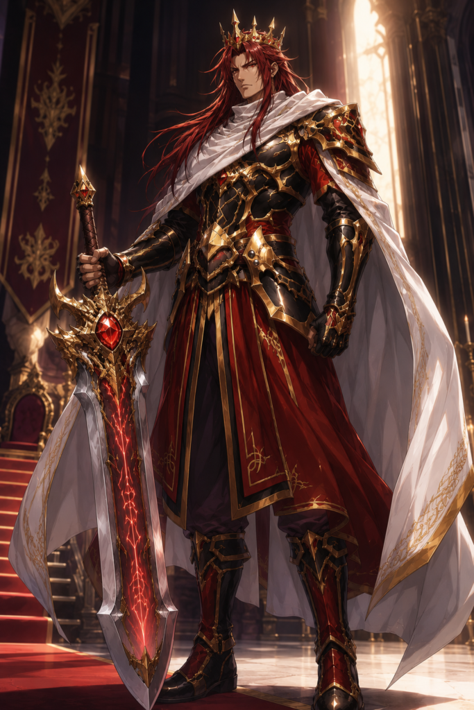A crowned warrior in gold and crimson, Tales of Encenia key art