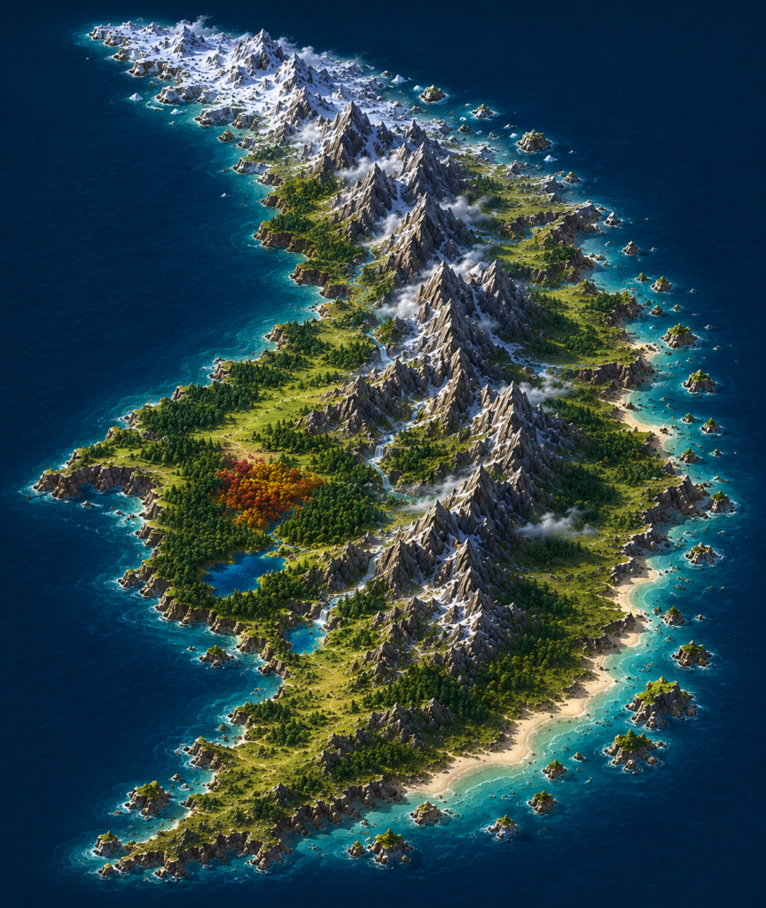 Map of Aeralith, the mountain crescent island of Encenia