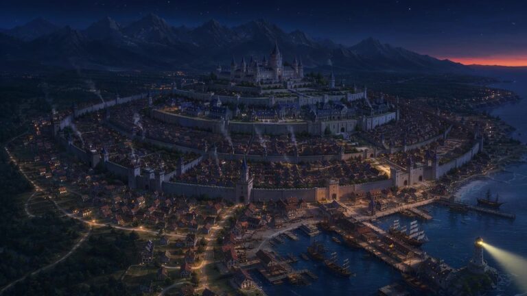 A city at night under the moon, Tales of Encenia key art