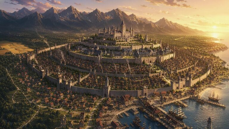 The city of Elysia at sunset, Tales of Encenia key art