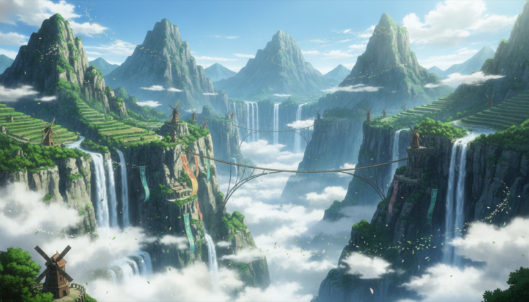Waterfalls in the sky peaks of Aeralith, Tales of Encenia key art