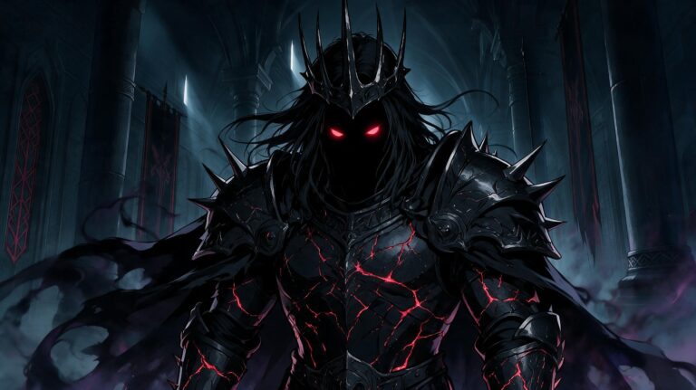 Archaon, armoured in black and crimson, Tales of Encenia key art