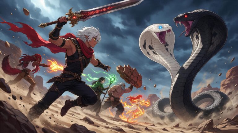 The party faces the desert serpent, Tales of Encenia key art