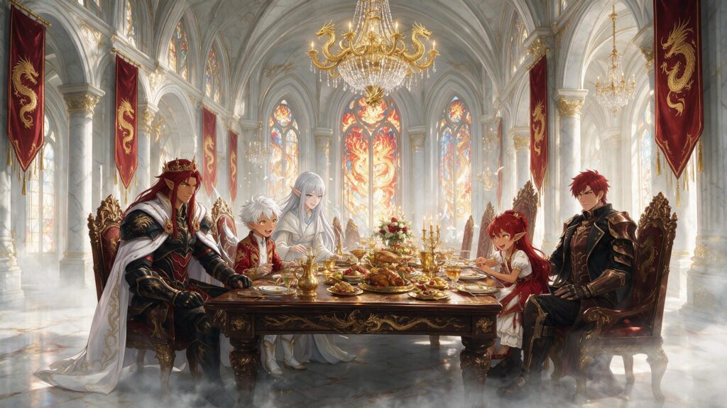 A royal family dinner in the great hall, Tales of Encenia key art