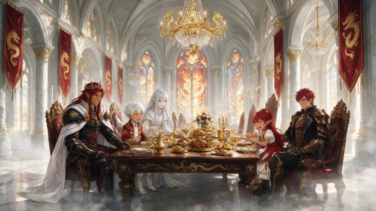 A royal family dinner in the great hall, Tales of Encenia key art