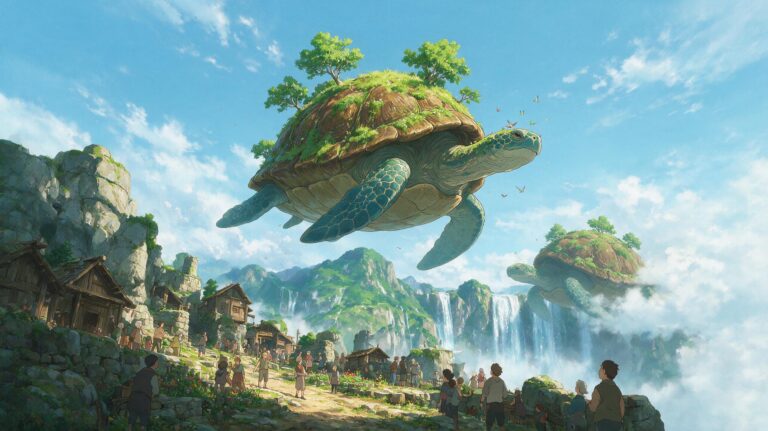 Sky turtles over Aeralith, Tales of Encenia key art