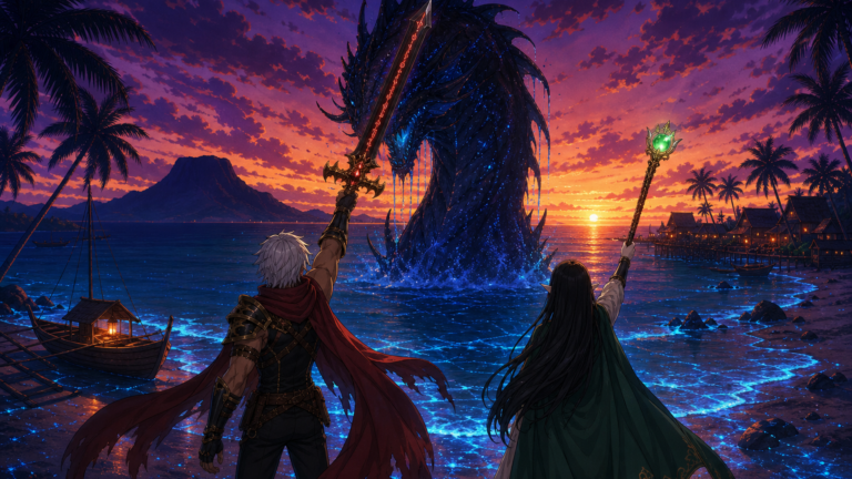 Elena and Yanshamaru meet at the shore, Tales of Encenia key art