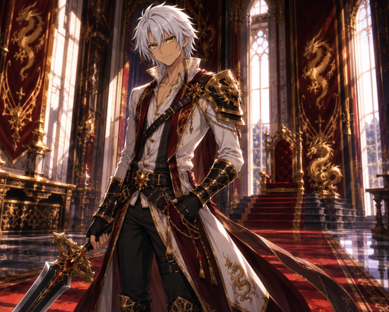 Yanshamaru in the dragon throne room, Tales of Encenia key art